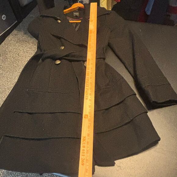 Vintage Y2k Express Black Wool Belted Ruffle Tiered Bottom Coat Trench Sz Medium - Picture 4 of 8
